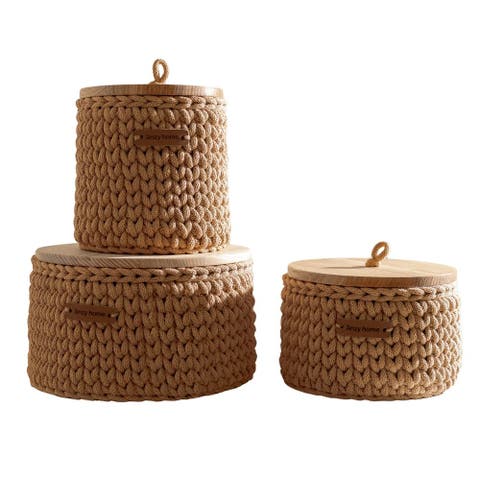Round Storage Baskets w/ Wooden Lid Recycled - Set of 3
