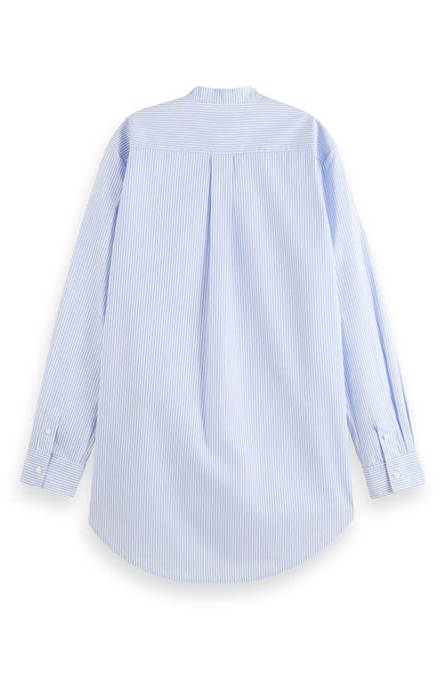 Scotch & Soda Ruffle Placket Oversize Button-up Shirt In Mystic Blue And White Stripes