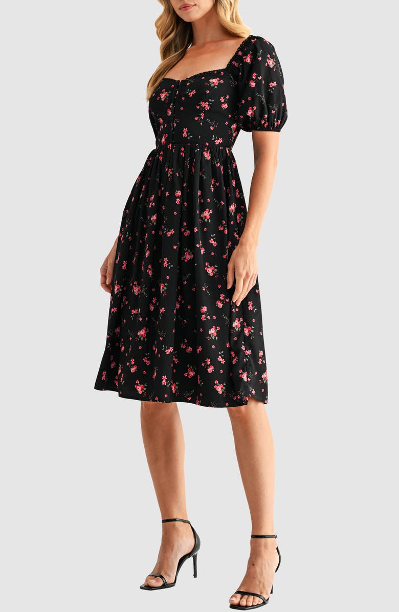 Lush Puff Sleeve Lace Trim Midi Dress, Alternate, color, Black Pink