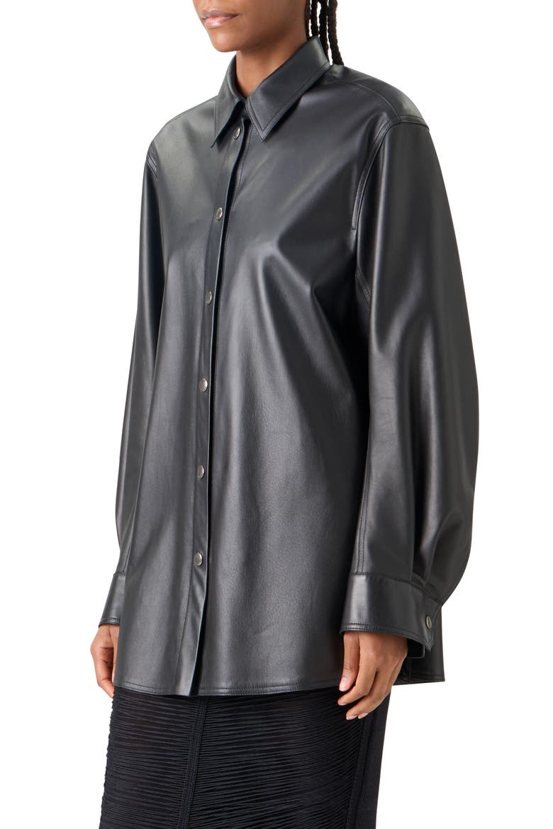 Oversize Lambskin Leather Snap Front Overshirt, Alternate, color, BLACK