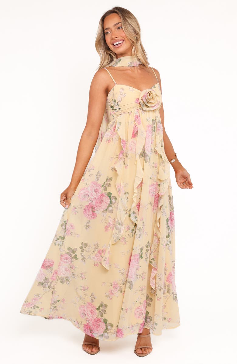 Petal & Pup Tully Floral Rosette Maxi Dress with Removable Scarf, Alternate, color, Yellow Floral