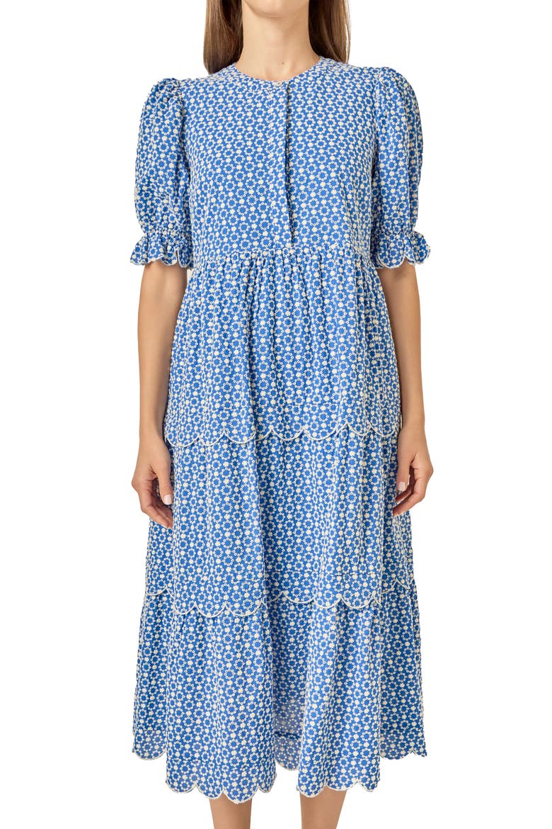 Scalloped Print Cotton Midi Dress, Alternate, color, BLUE