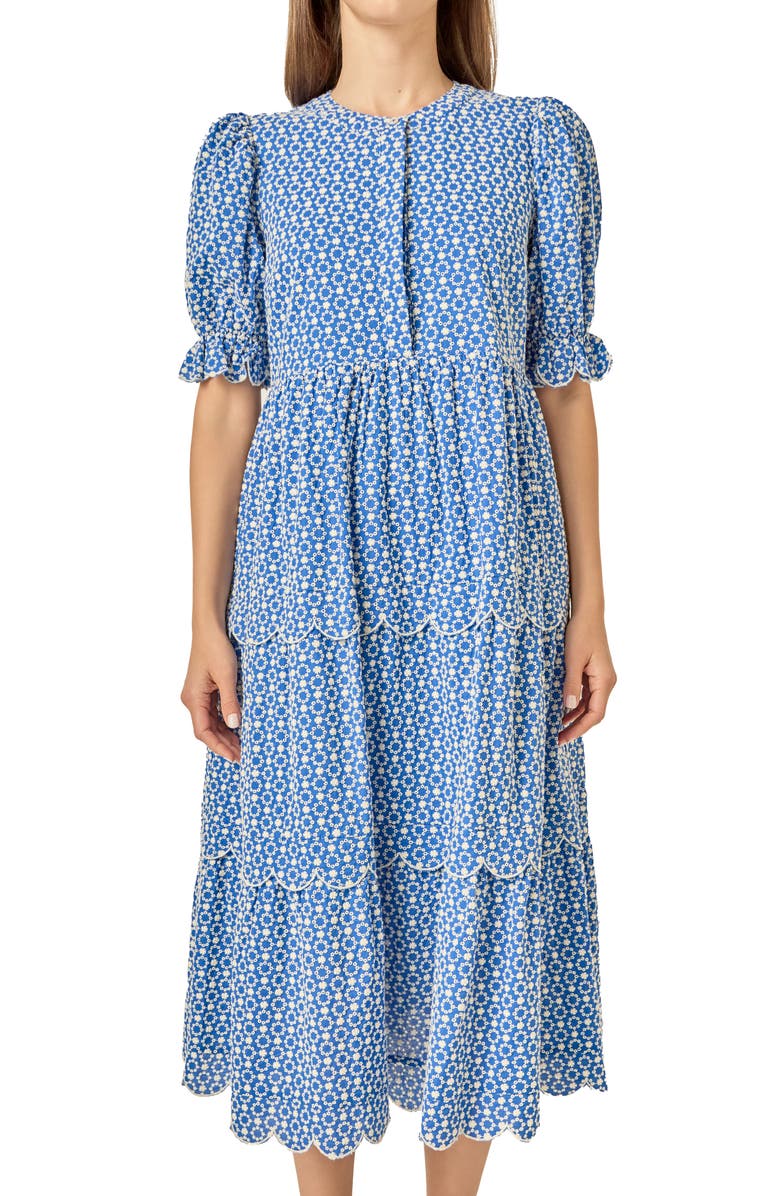 English Factory Scalloped Print Cotton Midi Dress, Alternate, color, Blue