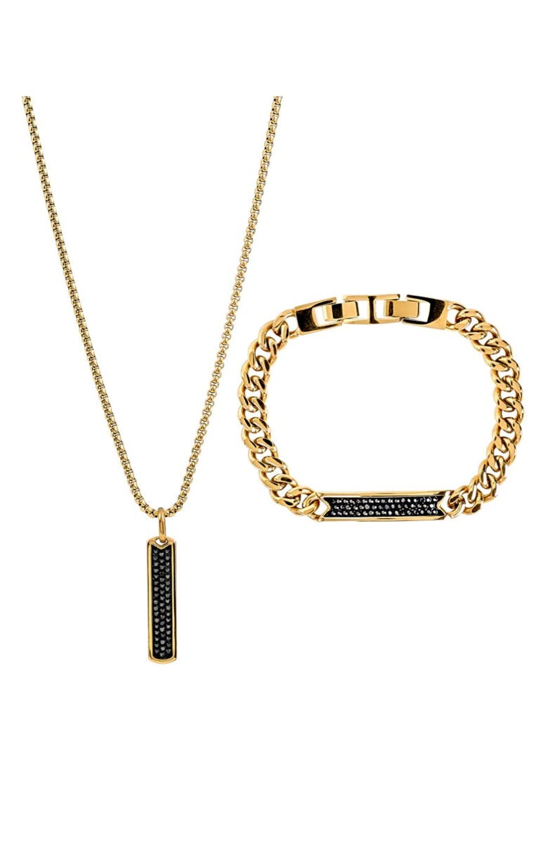 AMERICAN EXCHANGE Men's Pavé Crystal Bar Necklace & Bracelet Set, Main, color, Black/ Gold