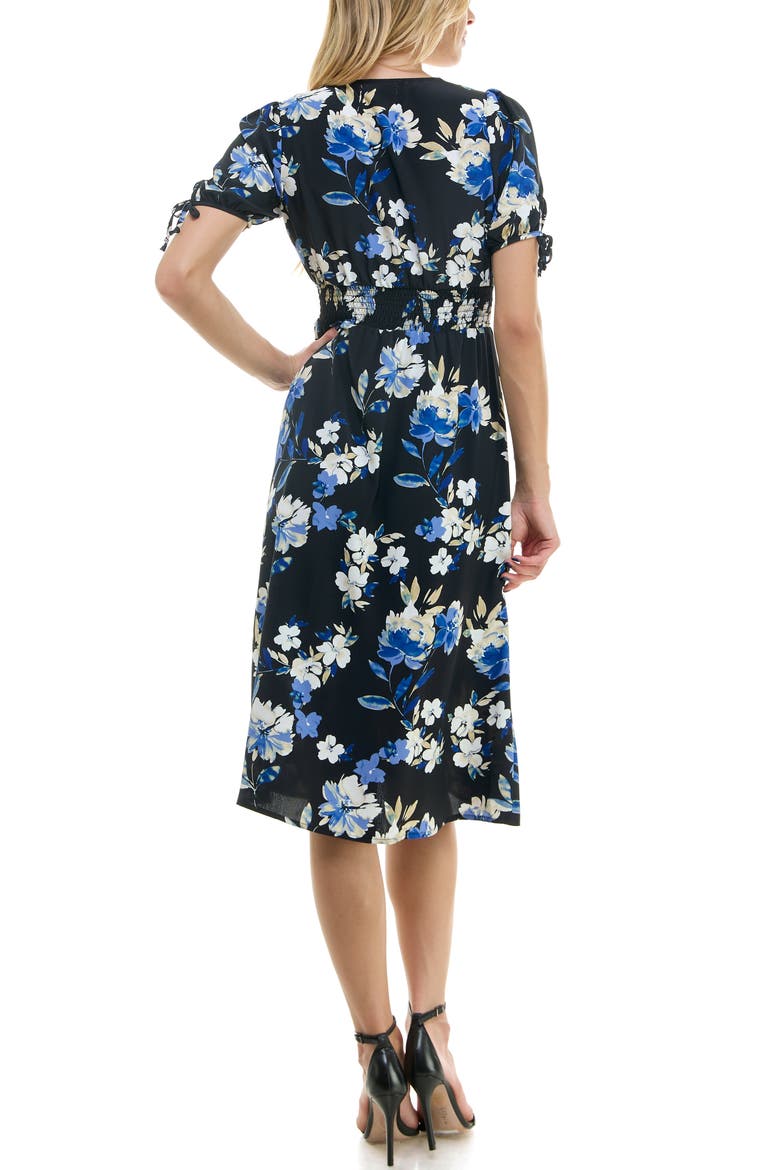 Puffy Sleeves Floral V-Neck Midi Dress, Alternate, color, BLACK FLORAL