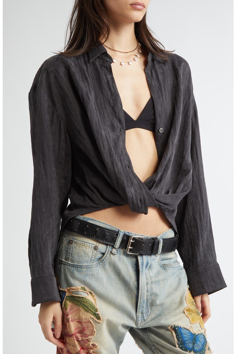 Twisted Front Button-Up Shirt, Alternate, color, BLACK