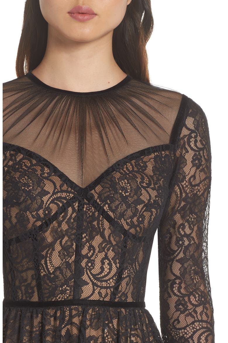 Long Sleeve Lace Gown, Alternate, color, BLACK/ NUDE