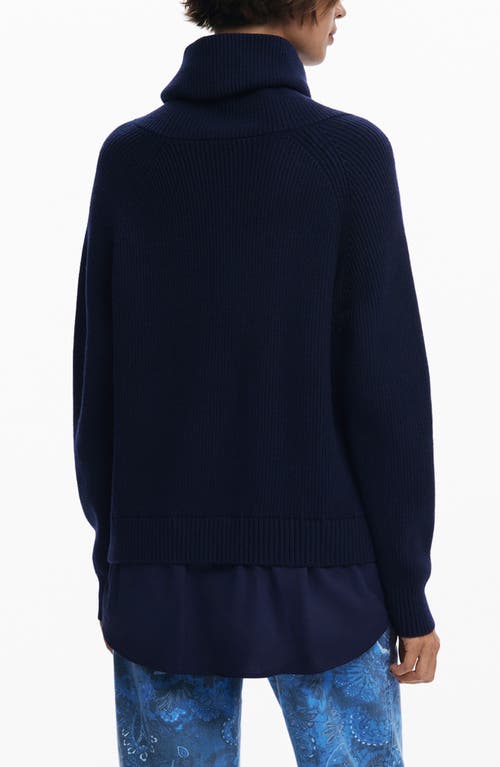 Desigual Mixed Media Oversize Cable Half Zip Sweater In Blue
