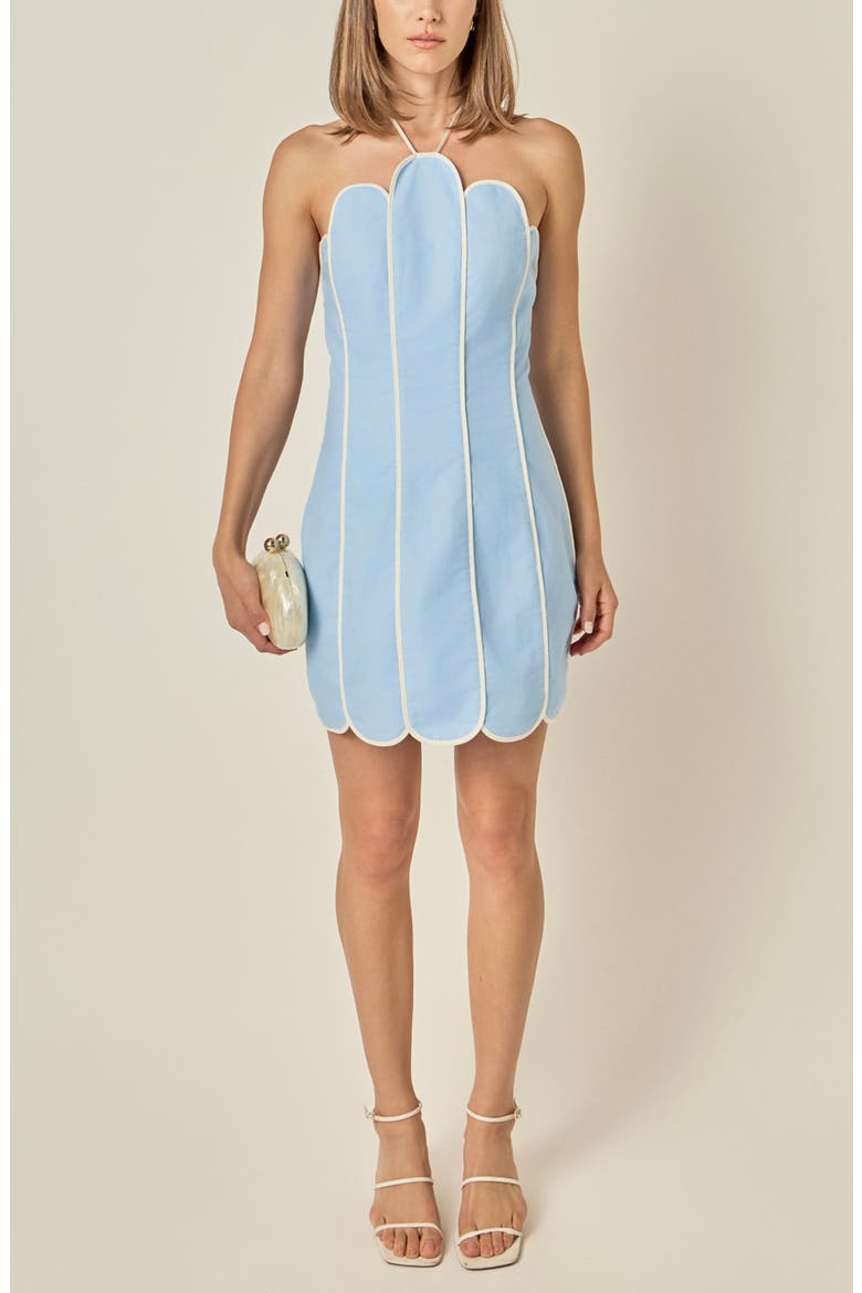 Scalloped Halter Minidress, Alternate, color, BLUE/ OFF WHITE