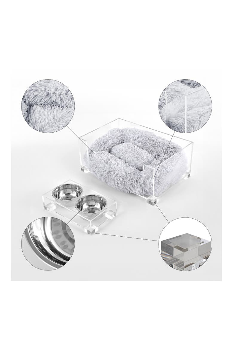 Billie Modern Acrylic Calming Fluffy Pet Bed with Washable Cushion and Elevated Pet Feeder with 2-Stainless Steel Bowls, Alternate, color, Light Gray/Clear