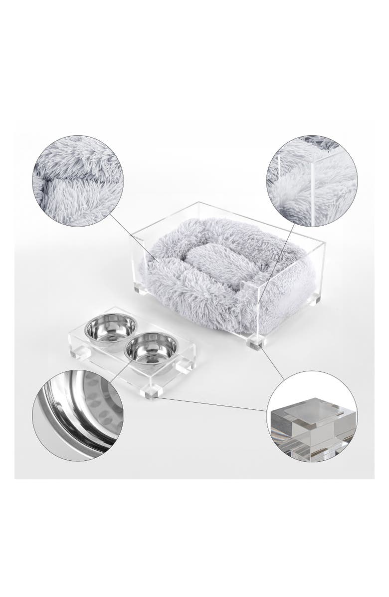 The Licker Store Billie 24" x 15.75" Small Modern Lucite Calming Fluffy Pet Bed with Washable Cushion and 4" Elevated Pet Feeder with 27 oz 2-Stainless Steel Bowls, Alternate, color, Light Gray/Clear