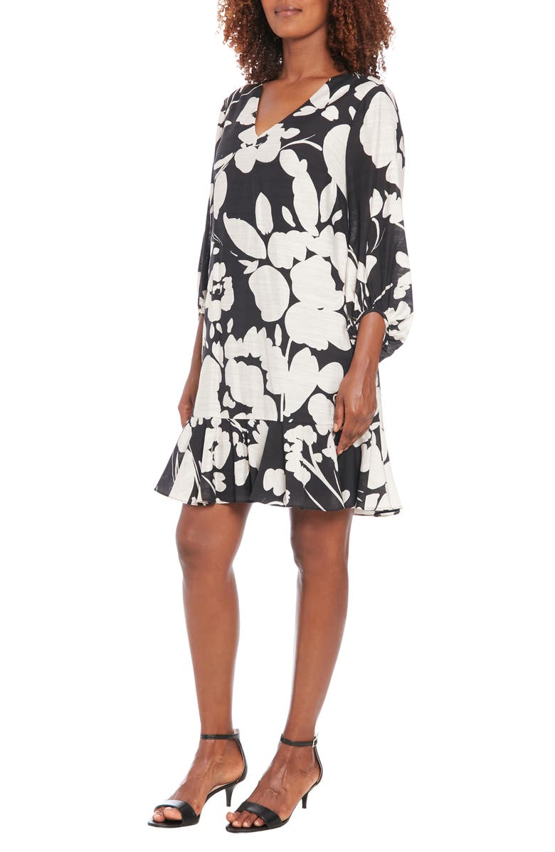 London Times Floral V-Neck Three-Quarter Sleeve Shift Dress, Alternate, color, Black/ Ivory