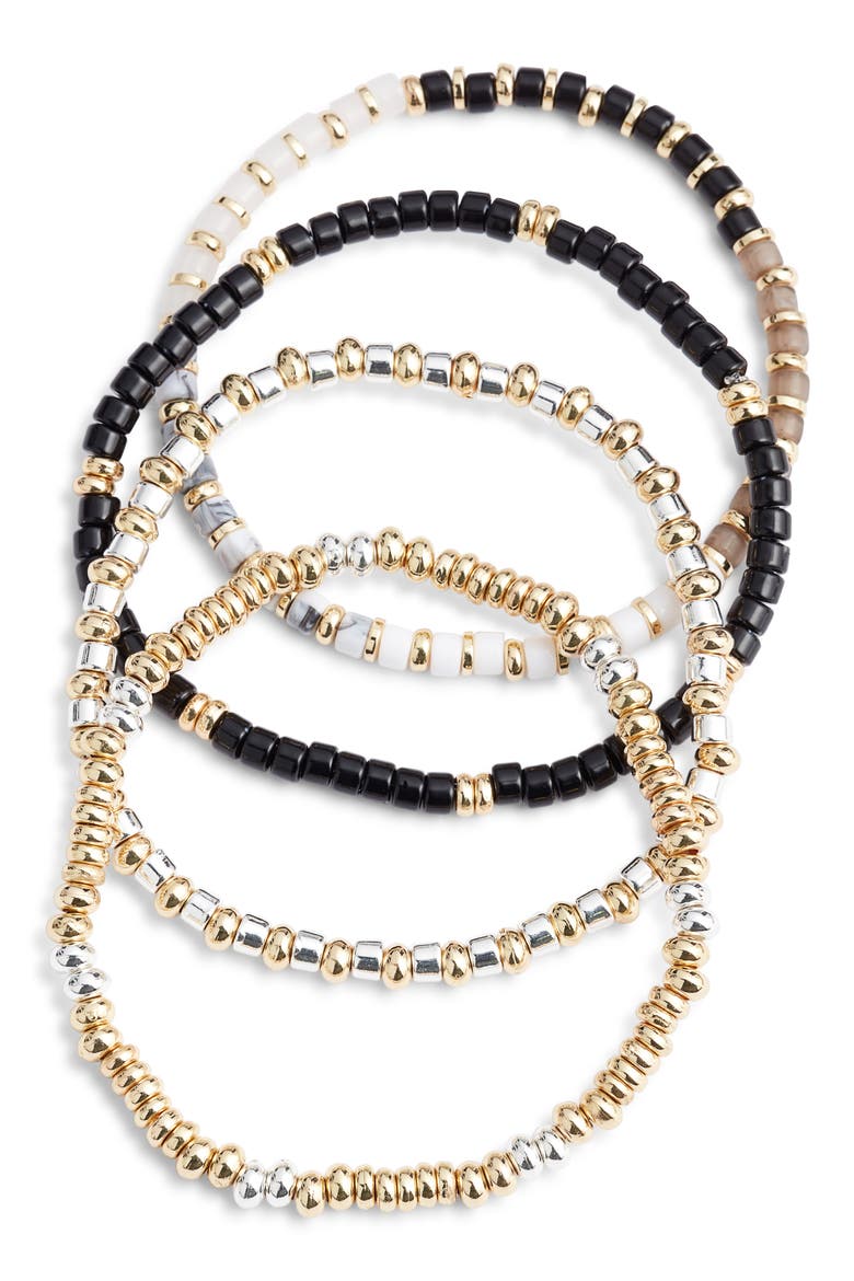 Set of 4 Beaded Stretch Bracelets, Main, color, BLACK- WHITE- GOLD