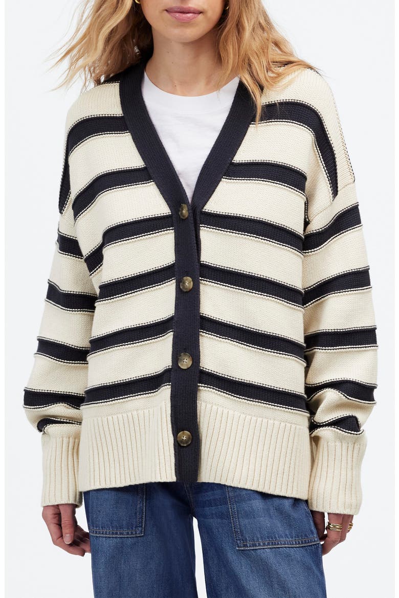 Stripe Oversize Cotton Cardigan, Main, color, CREAM NAVY STRIPE