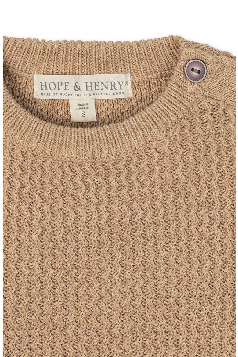Kids' Organic Long Sleeve Crewneck Sweater with Buttons, Alternate, color, Camel Heather Herringbone