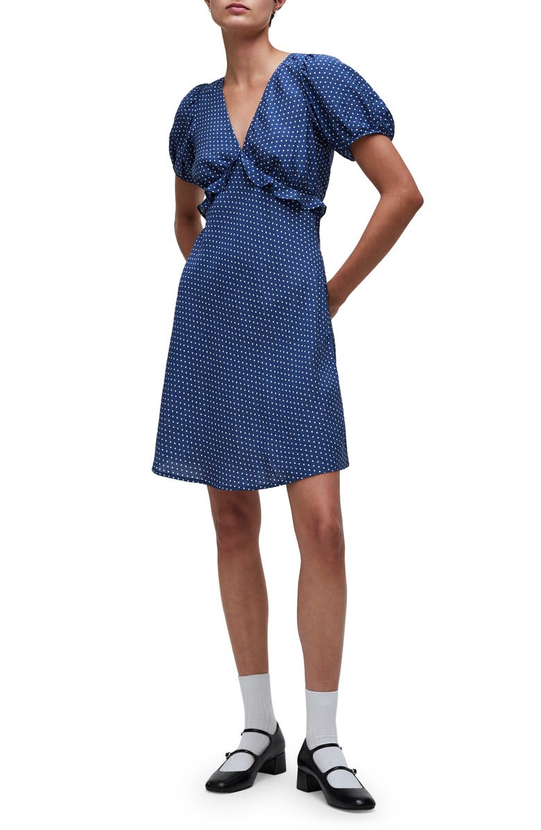 Madewell Polka Dot Puff Sleeve Ruffle Minidress, Main, color,