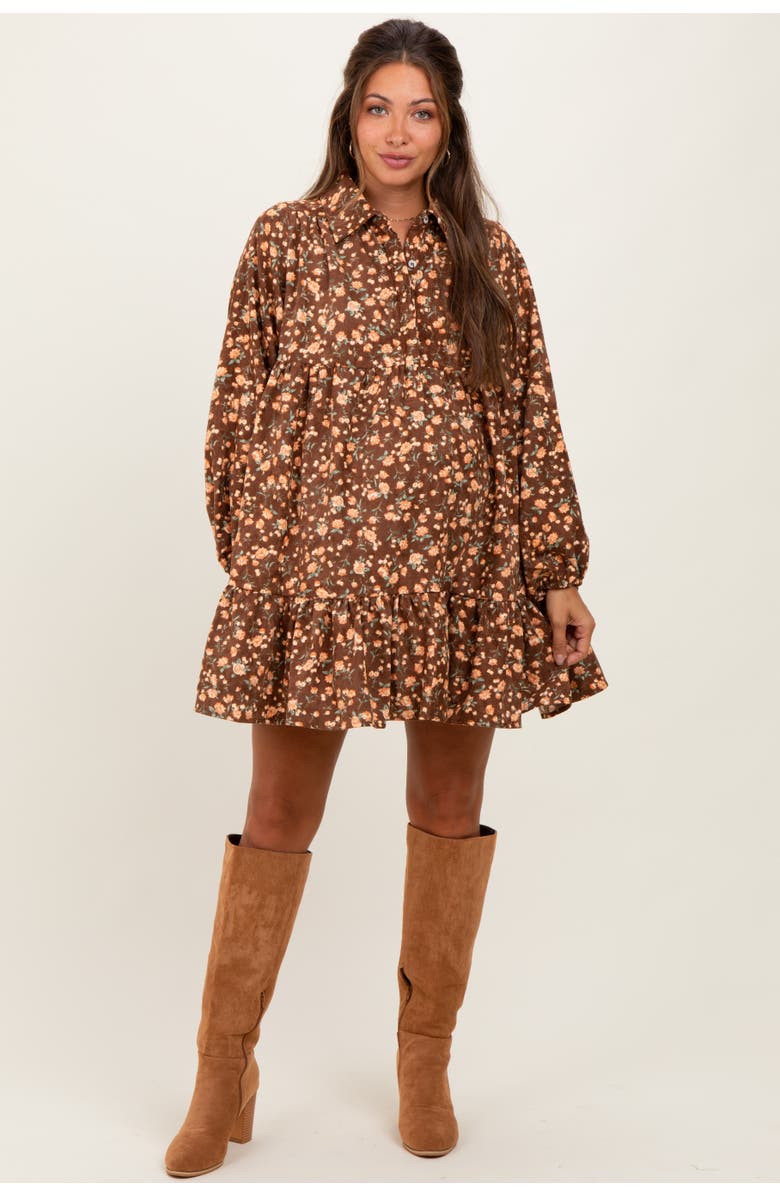 PinkBlush Floral Print Shirring Half Buttoned Shirt Dress, Main, color, Brown