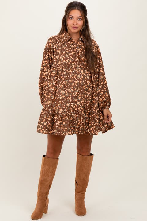 Floral Print Shirring Half Buttoned Shirt Dress