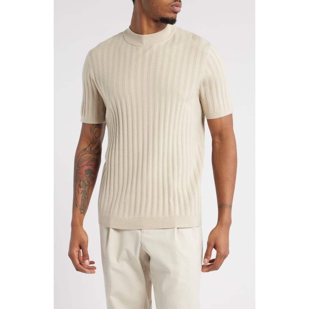 Open Edit Ribbed Short Sleeve Mock Neck Sweater In Beige Birch