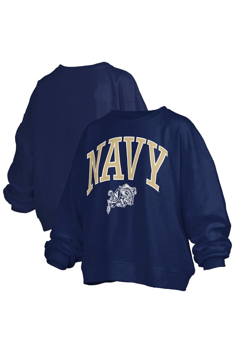 Women's Pressbox Navy Navy Midshipmen Janise Arch Over Logo Waist Length Oversized Pullover Sweatshirt, Alternate, color, Navy