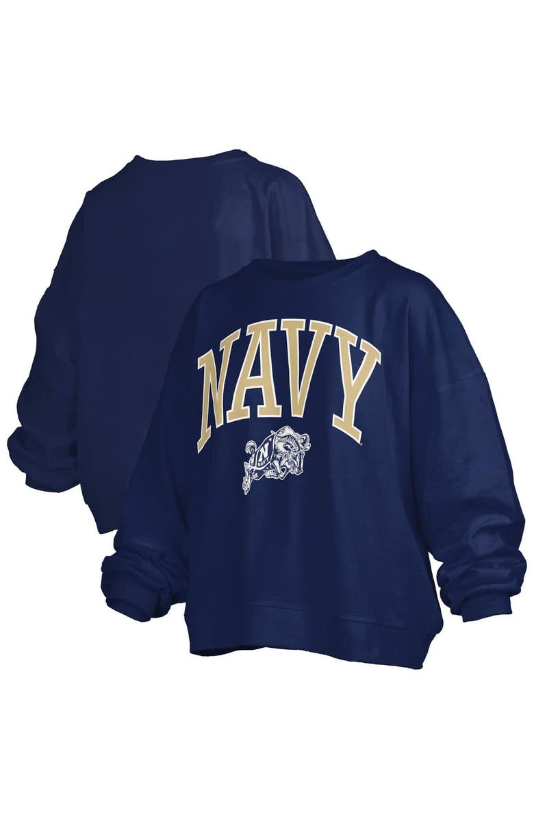 PRESSBOX Women's Pressbox Navy Navy Midshipmen Janise Arch Over Logo Waist Length Oversized Pullover Sweatshirt, Alternate, color, Navy
