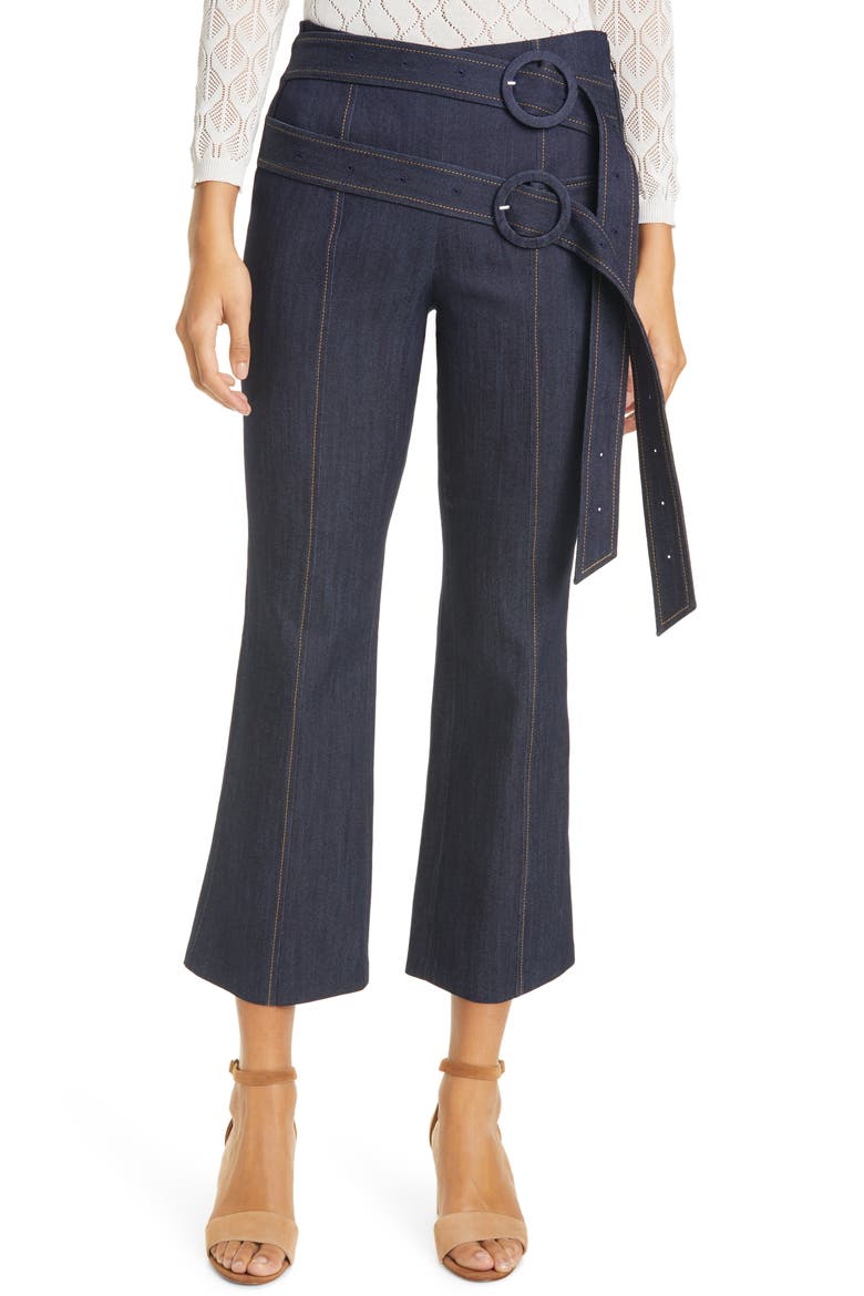 Jessi Double Belt Crop Kick Flare Denim Pants, Main, color, INDIGO