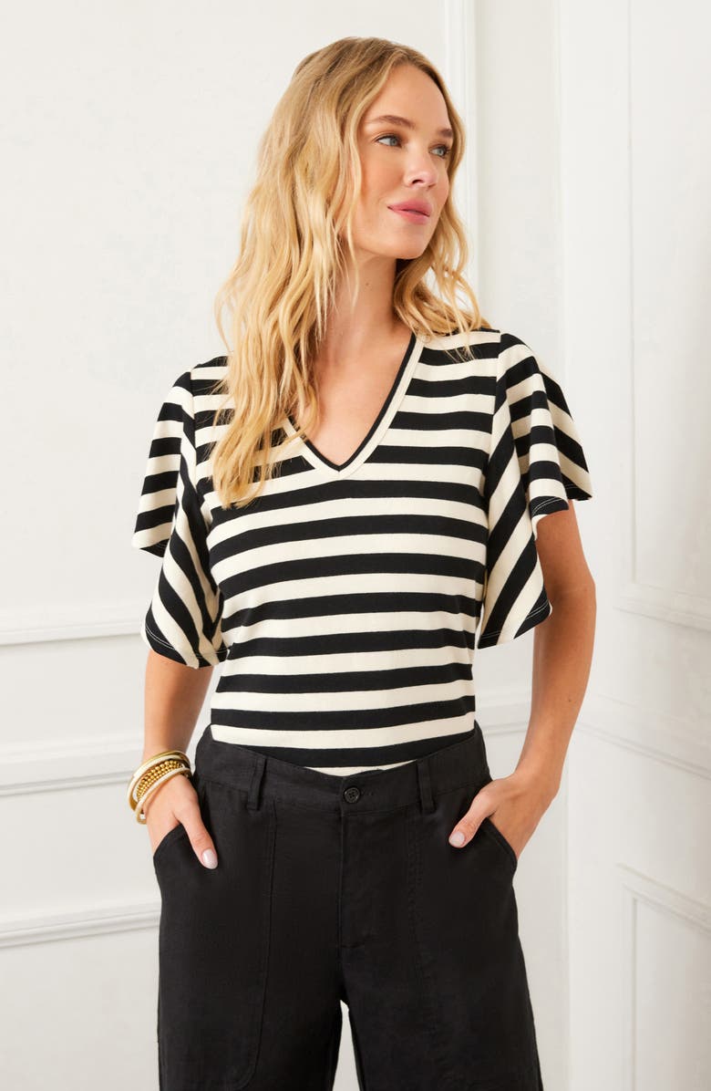 Karen Kane Stripe Flutter Sleeve Stretch Cotton Top, Alternate, color, Black/ Cream