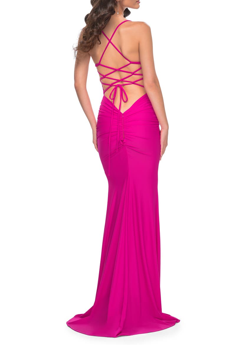 Neon Ruched Jersey Dress with Rhinestone Mesh Draped Top, Alternate, color, Hot Fuchsia