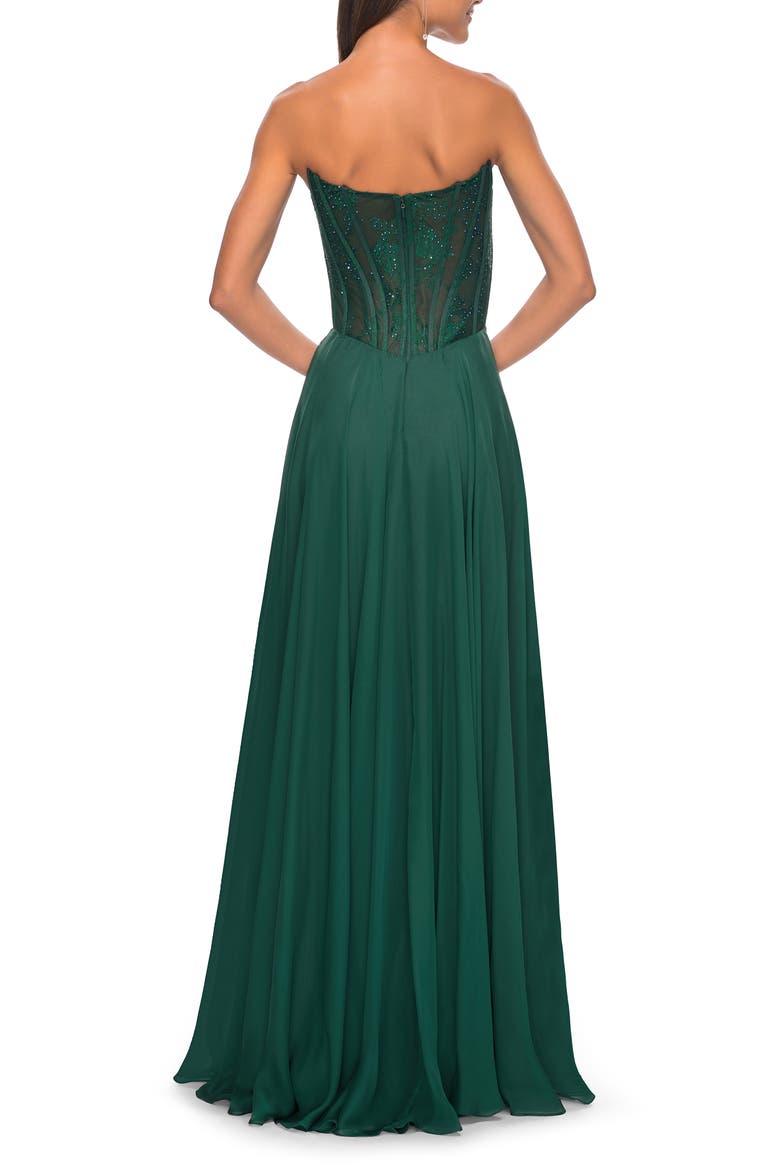 Strapless Chiffon Prom Gown with Lace Illusion Bodice, Alternate, color, Dark Emerald