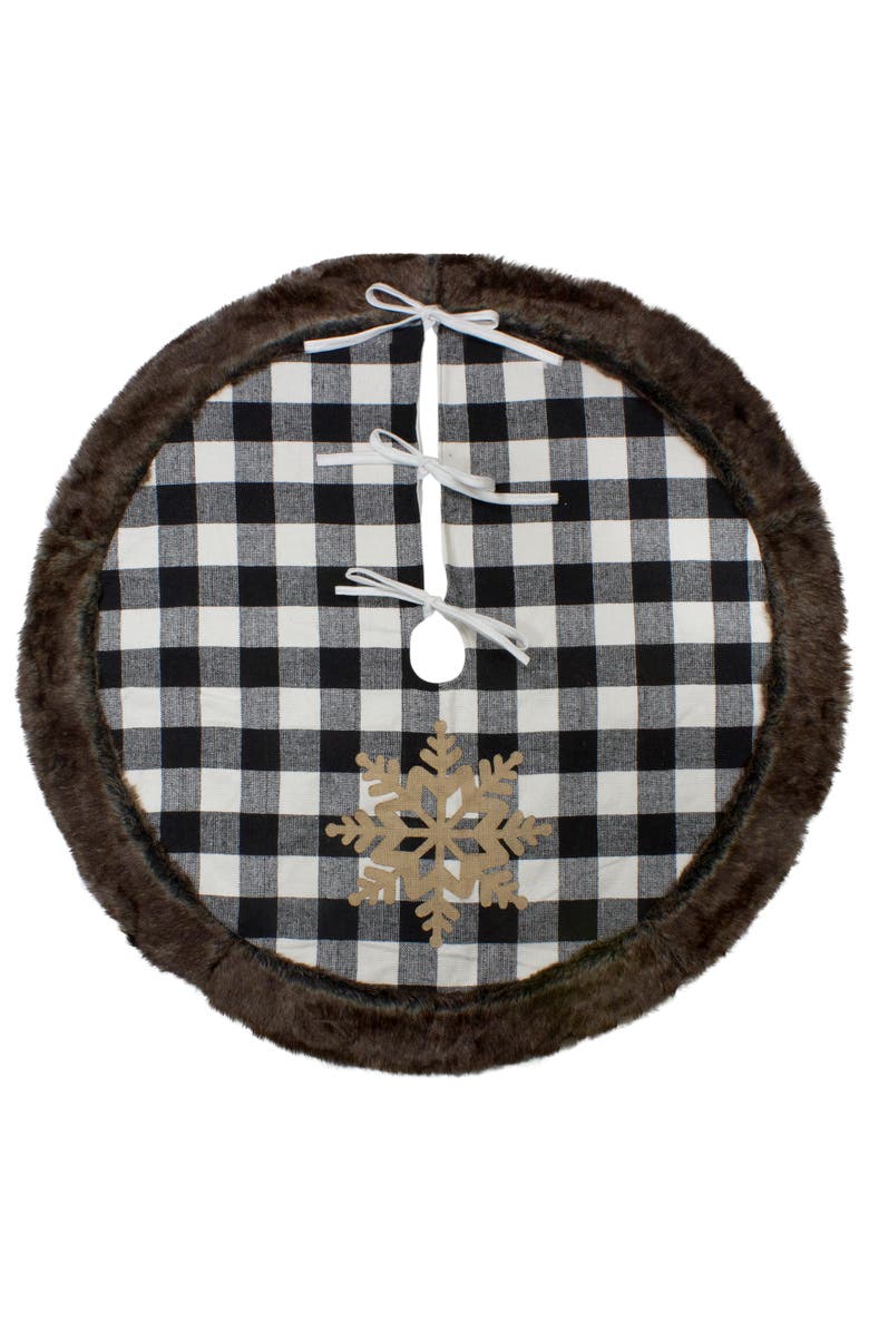 Northlight 48" Black and White Buffalo Plaid Christmas Tree Skirt with Burlap Snowflake, Main, color, Black