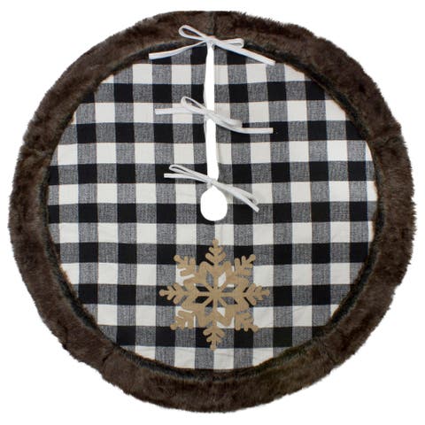 48" Black and White Buffalo Plaid Christmas Tree Skirt with Burlap Snowflake