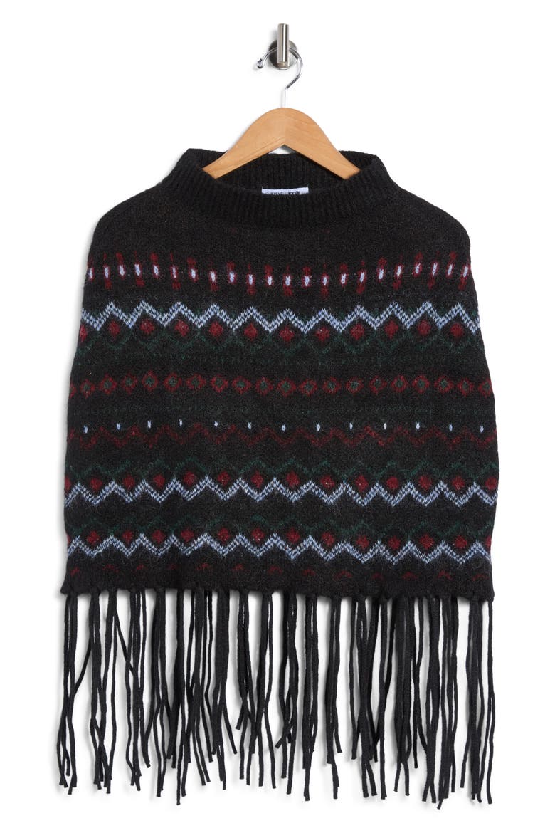 Fair Isle Fringe Trim Knit Poncho, Main, color, BLACK