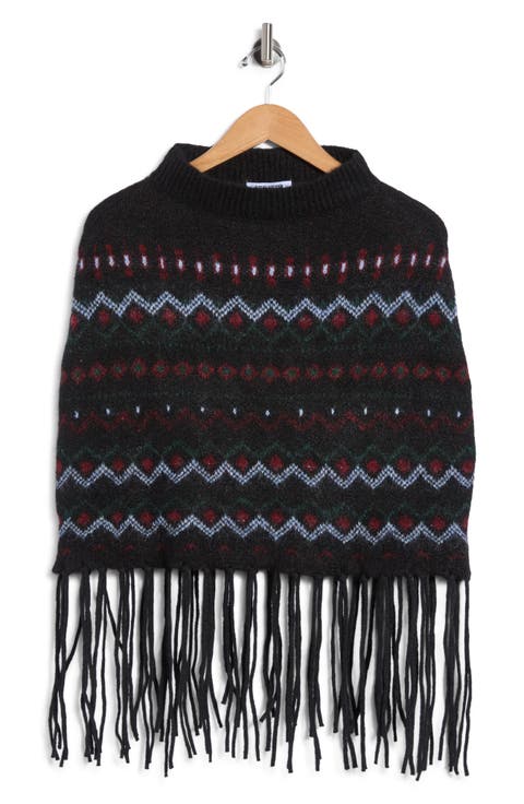 Fair Isle Fringe Trim Knit Poncho