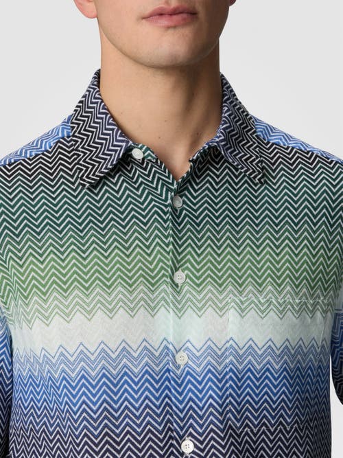 Missoni Gradient Zig Zag Cotton Knit Shirt With Breast Pocket In Blue & Green