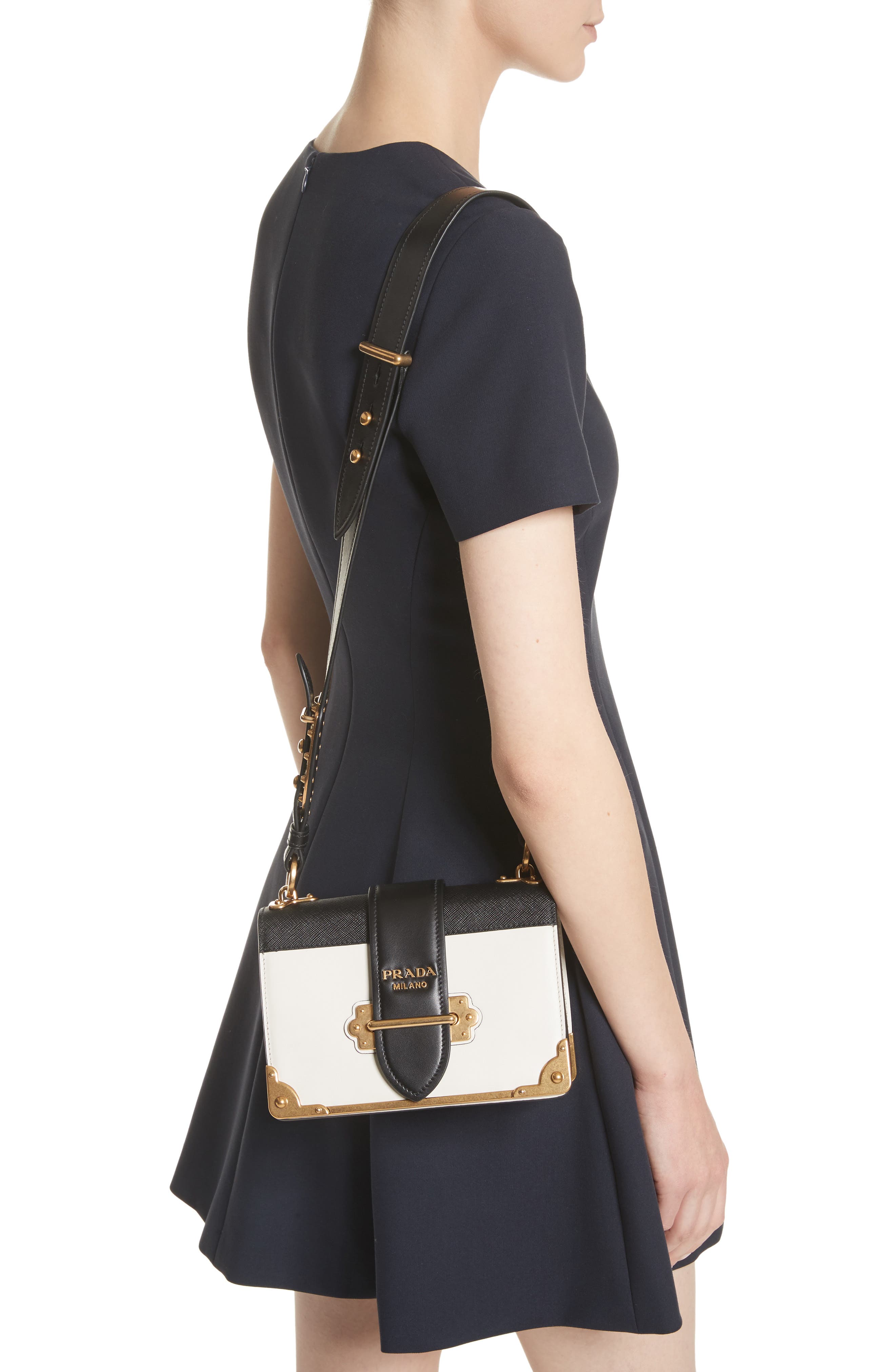 Cahier City Calfskin & Saffiano Shoulder Bag, Alternate, color, TALCO/NERO