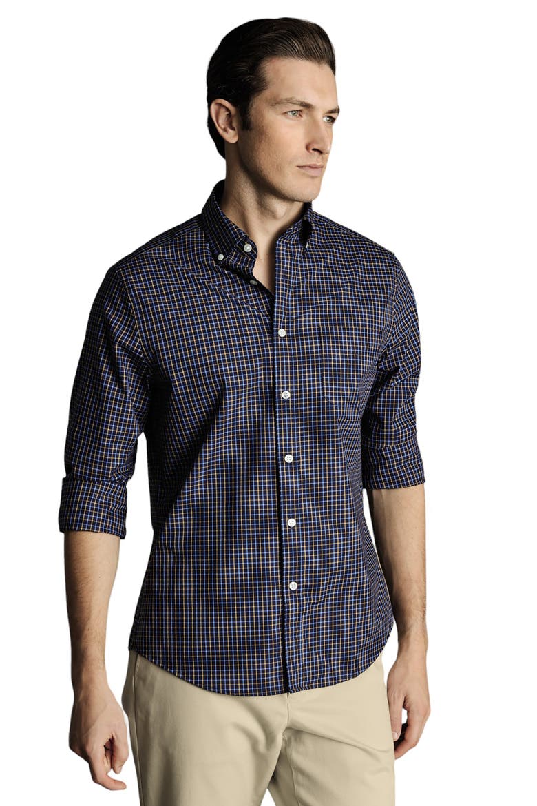 Slim Fit Button-Down Collar Non-Iron Stretch Poplin Check Shirt, Alternate, color, Gold