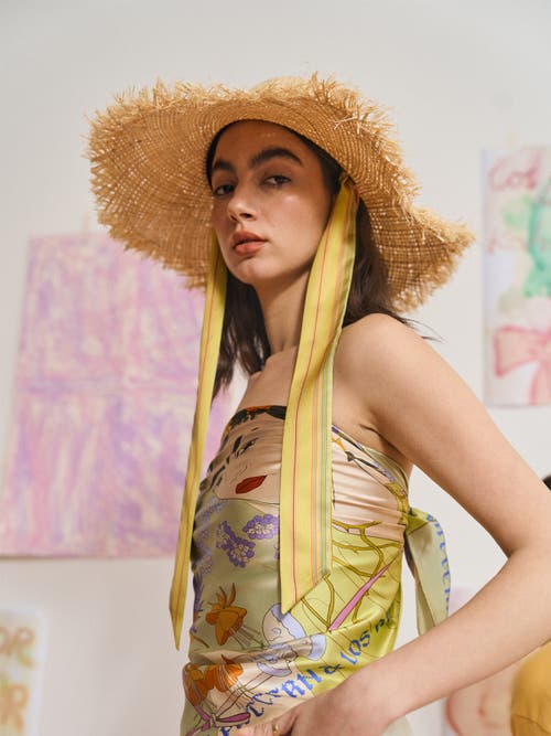 Lost Pattern Nyc Frida X Lost Pattern "frida's Garden" Straw Hat With Ribbon Tie In Gold