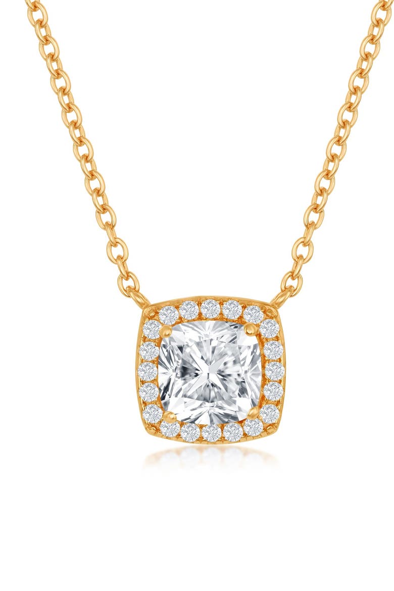 14K Yellow Gold Plated Sterling Silver Princess-Cut CZ Halo Pendant Necklace, Main, color, GOLD