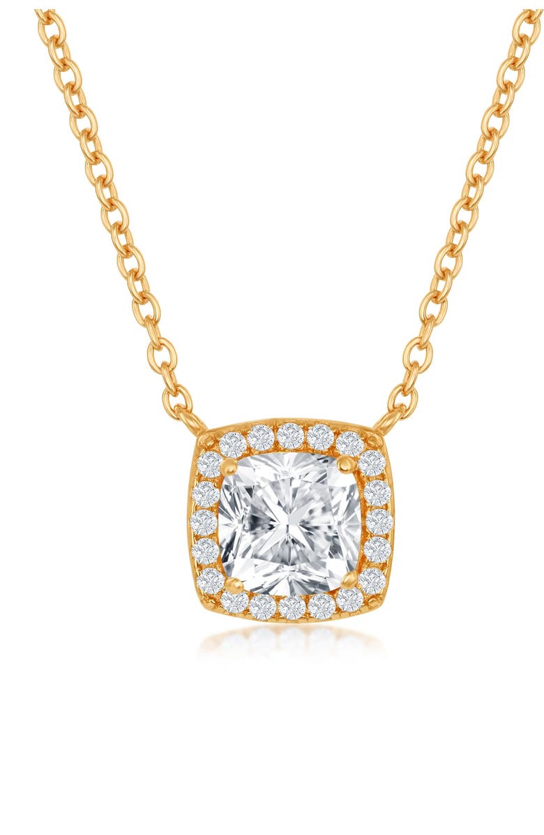 SIMONA 14K Yellow Gold Plated Sterling Silver Princess-Cut CZ Halo Pendant Necklace, Main, color,