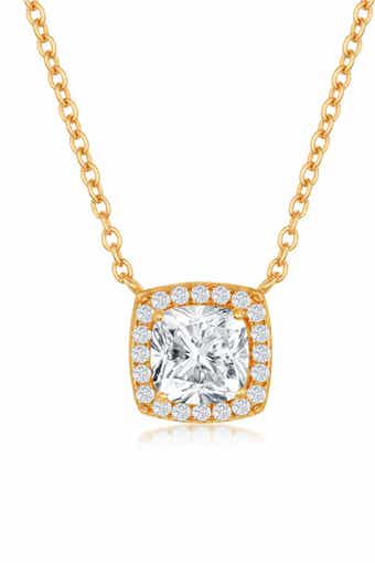 SIMONA 14K Yellow Gold Plated Sterling Silver Princess-Cut CZ Halo Pendant Necklace