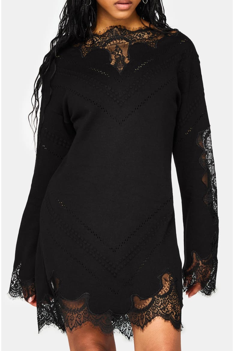 Stormwoken Lace Trim Knit Mini Dress, Main, color, Black