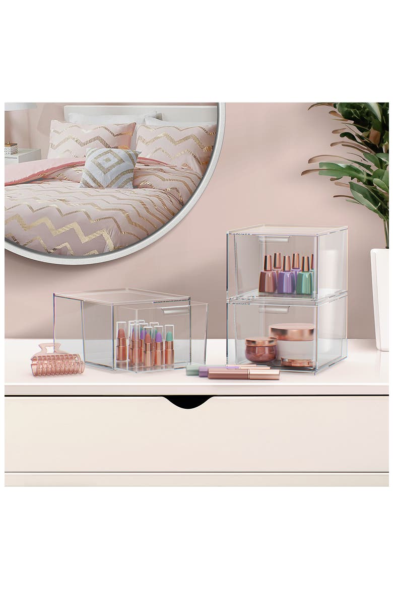 Set of 3 Stackable Drawers, Alternate, color, CLEAR