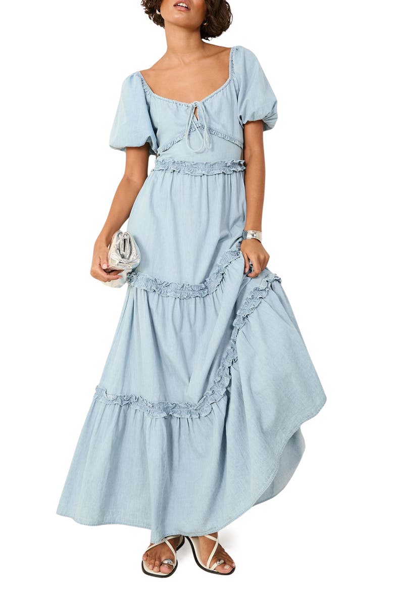 Tiered Puff Sleeve Chambray Maxi Dress, Main, color, BLUE
