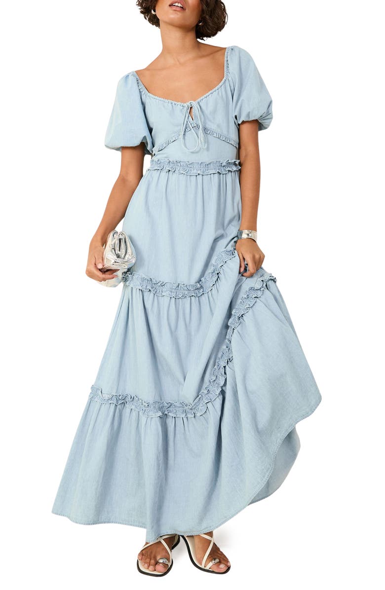 Friends Like These Tiered Puff Sleeve Chambray Maxi Dress, Main, color, Blue