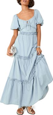 Friends Like These Tiered Puff Sleeve Chambray Maxi Dress