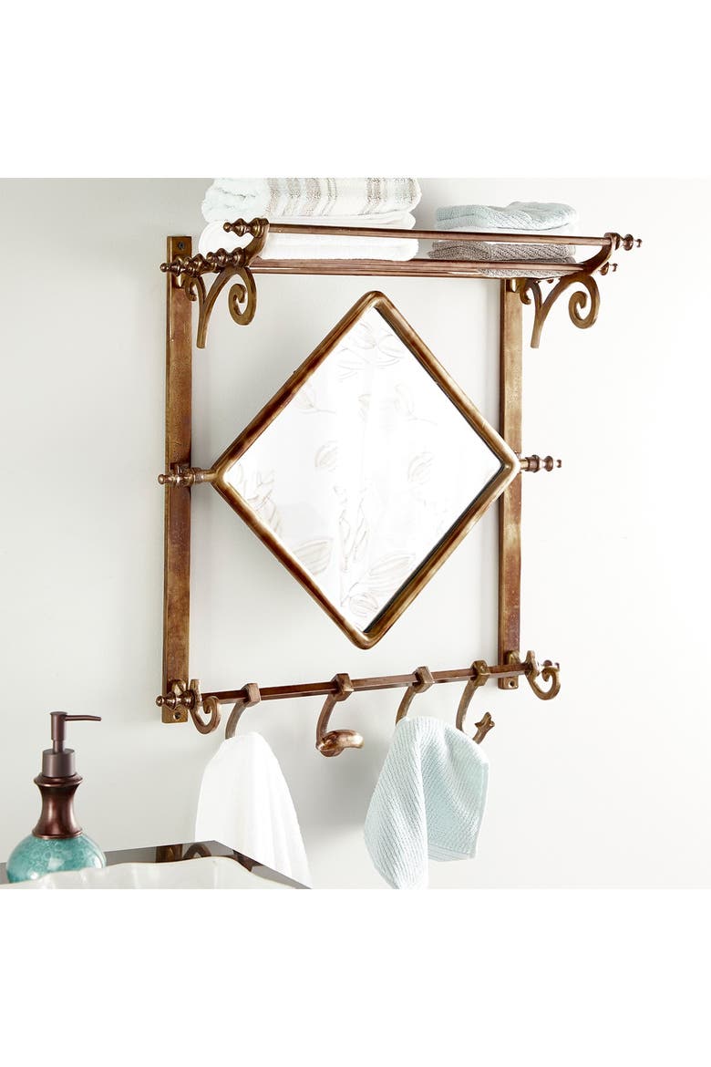Copper Bathroom Wall Rack with Hooks & Mirror, Alternate, color, BROWN