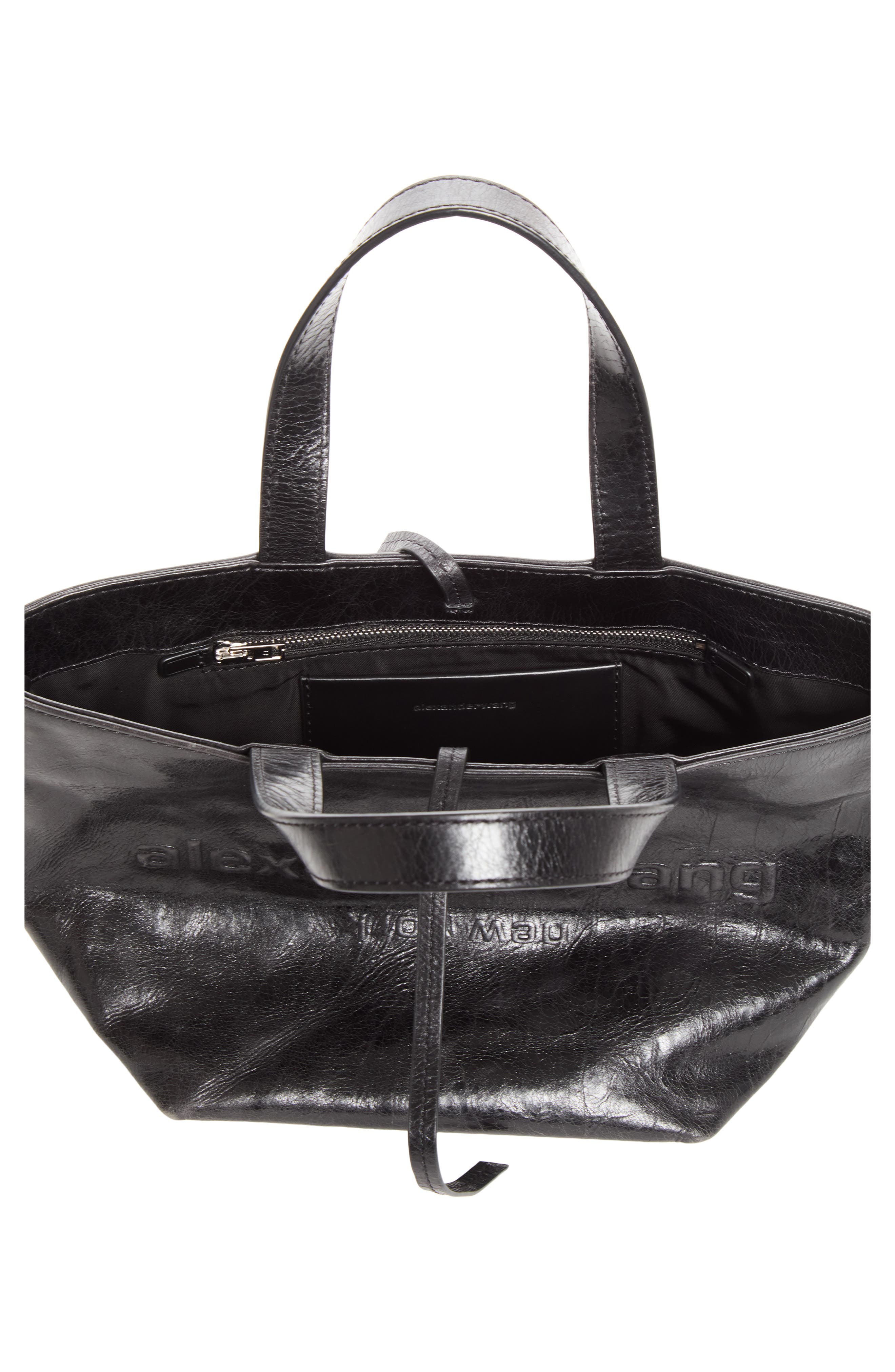 Small Punch Logo Crinkled Leather Tote, Alternate, color, BLACK