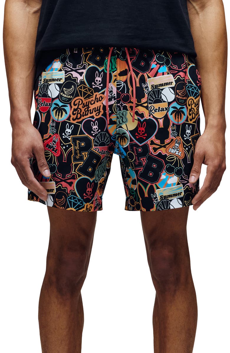 Psycho Bunny Marco Print Swim Trunks, Main, color,