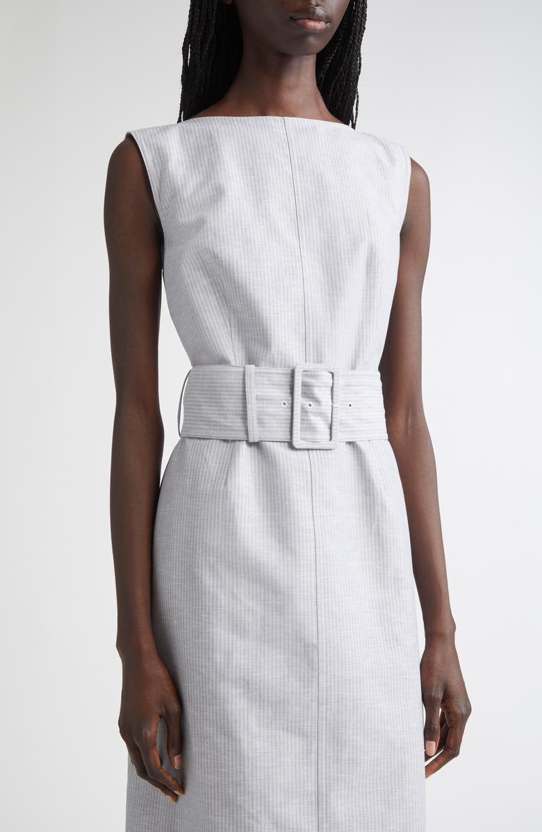 Thom Browne Stripe Bateau Neck Linen Blend Column Dress, Alternate, color, Light Grey