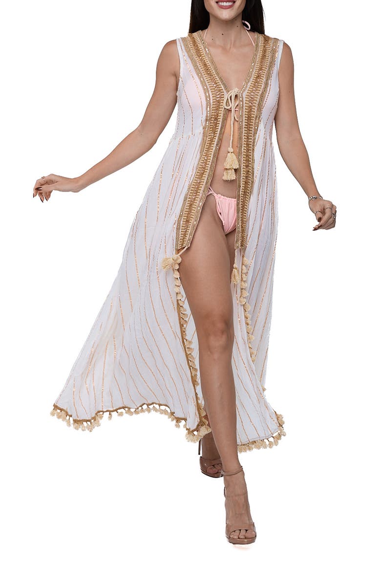 Tassel Trim Sleeveless Cover-Up Duster, Main, color, IVORY